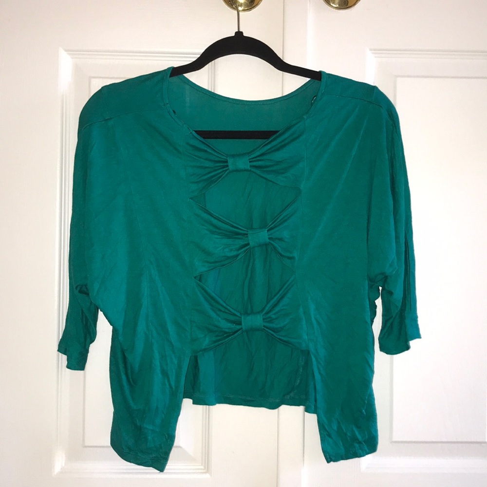 NWOT UO Teal Green Open Back Ribbon Bow Light Shirt